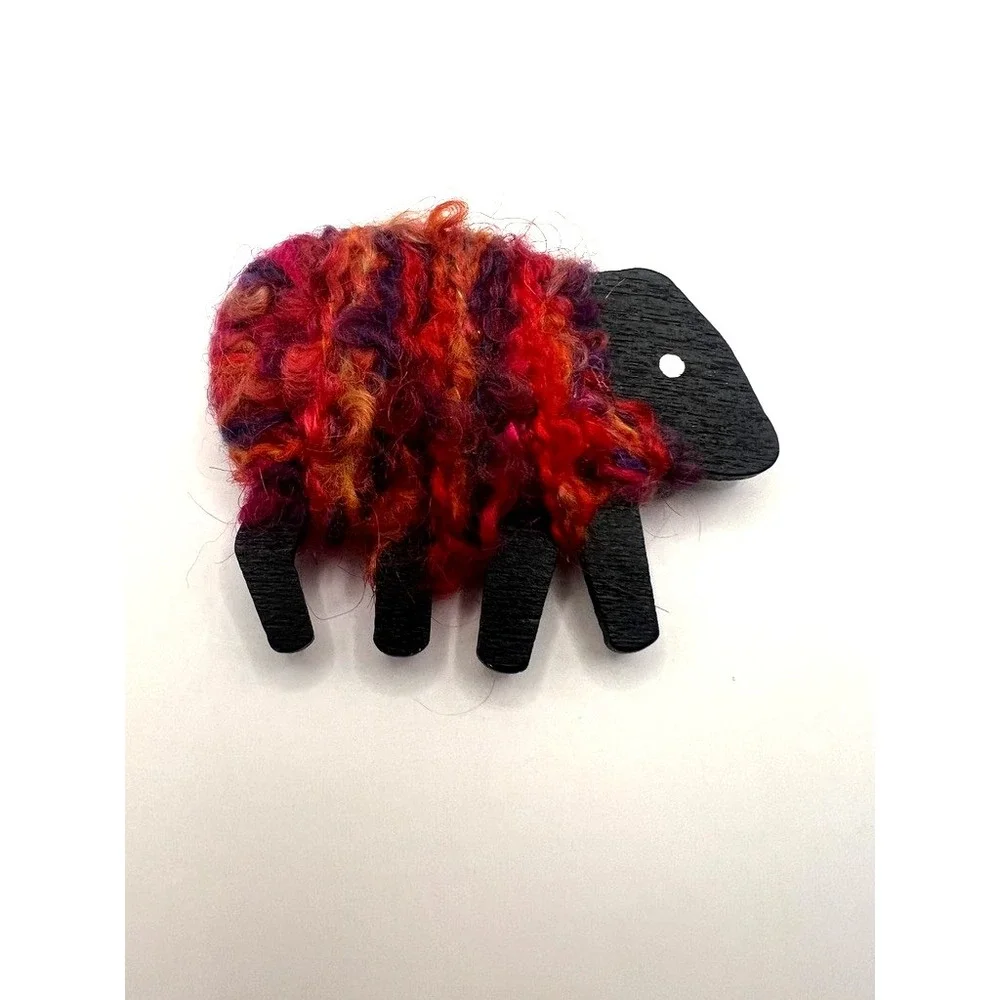 Handmade Black Sheep Brooch Textile Wool Fiber Wood Statement Pin Folk Art 2.75